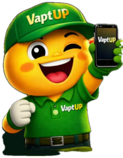Vaptinho, o mascote do VaptUp, segurando um celular com o app